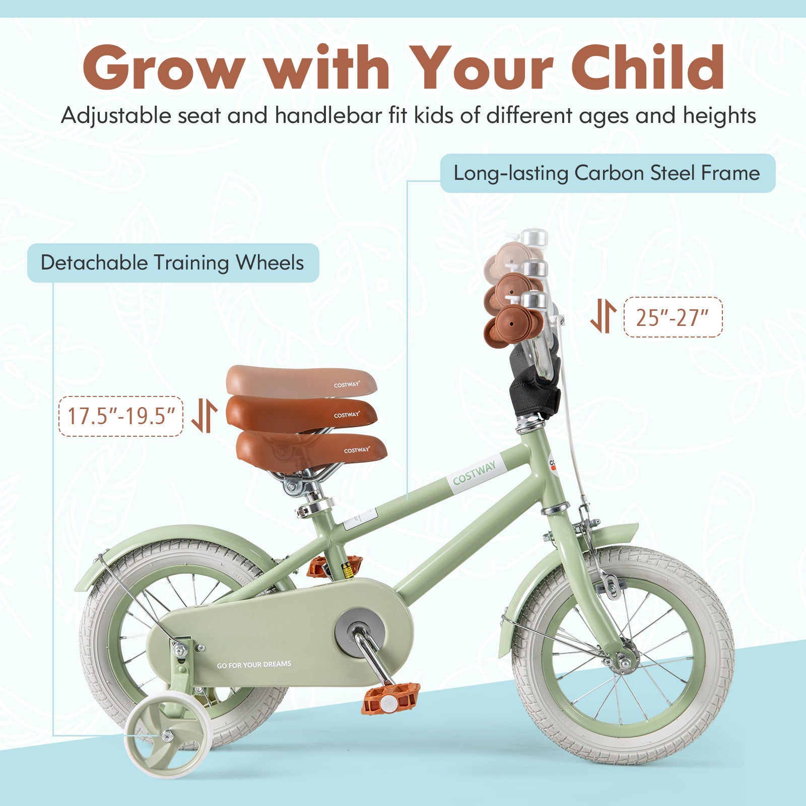 Kids Bike with Adjustable Handlebar and Saddle Green-12 Inches, Green Kids Bike at Gallery Canada
