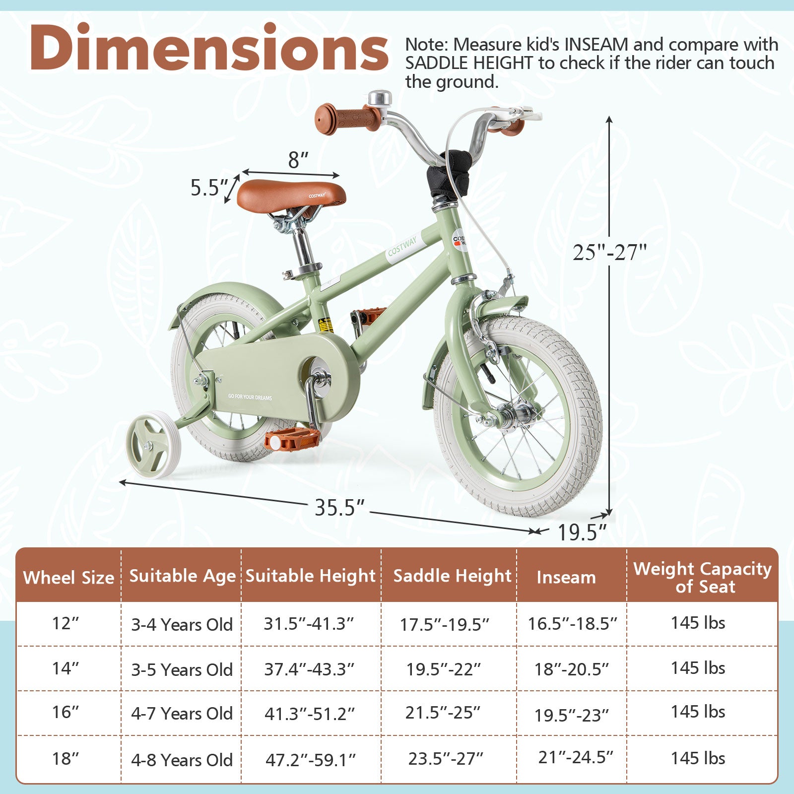 Kids Bike with Adjustable Handlebar and Saddle Green-12 Inches, Green Kids Bike at Gallery Canada