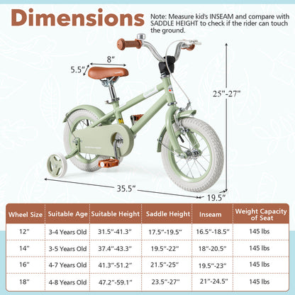 Kids Bike with Adjustable Handlebar and Saddle Green-12 Inches, Green Kids Bike at Gallery Canada