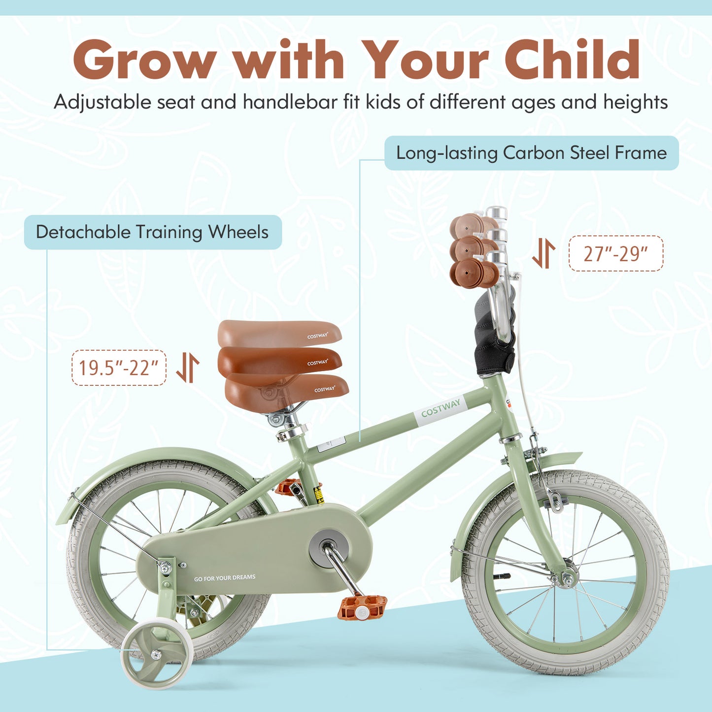 Kids Bike with Adjustable Handlebar and Saddle Green-14 Inches, Green Kids Bike at Gallery Canada