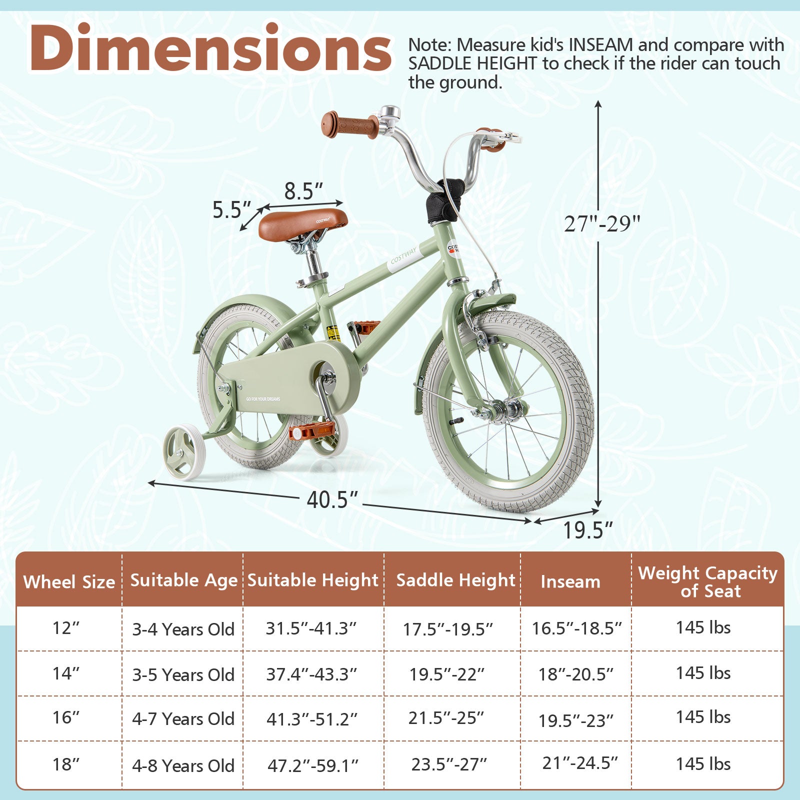Kids Bike with Adjustable Handlebar and Saddle Green-14 Inches, Green Kids Bike at Gallery Canada