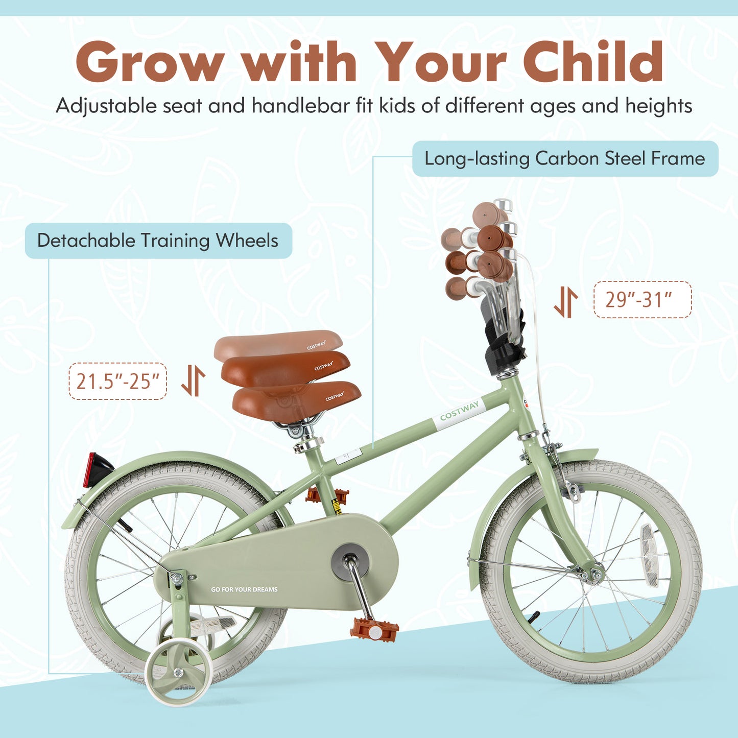 Kids Bike with Adjustable Handlebar and Saddle Green-16 Inches, Green Kids Bike at Gallery Canada