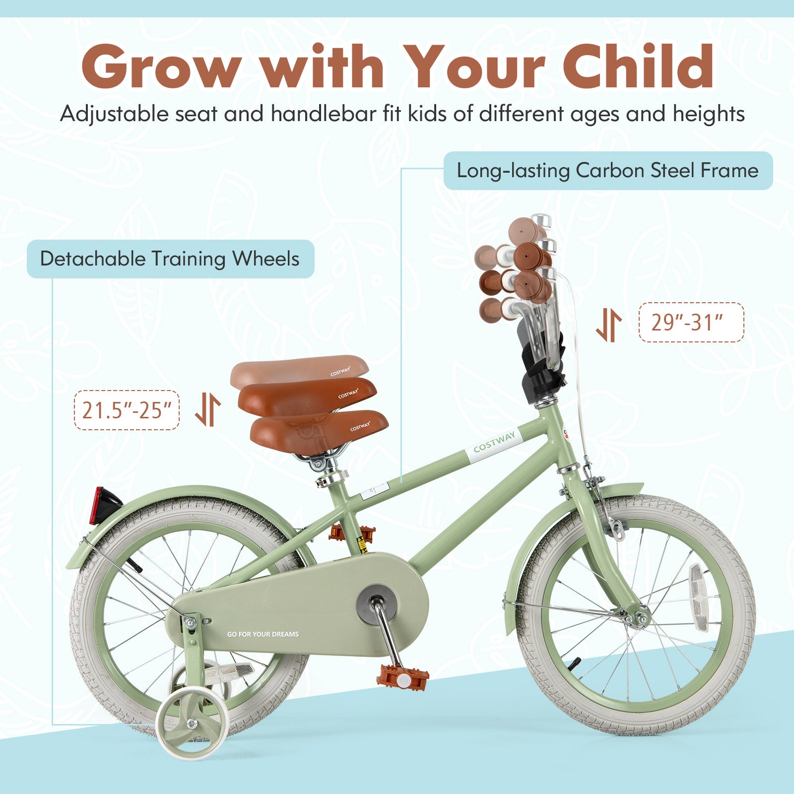 Kids Bike with Adjustable Handlebar and Saddle Green-16 Inches, Green Kids Bike at Gallery Canada