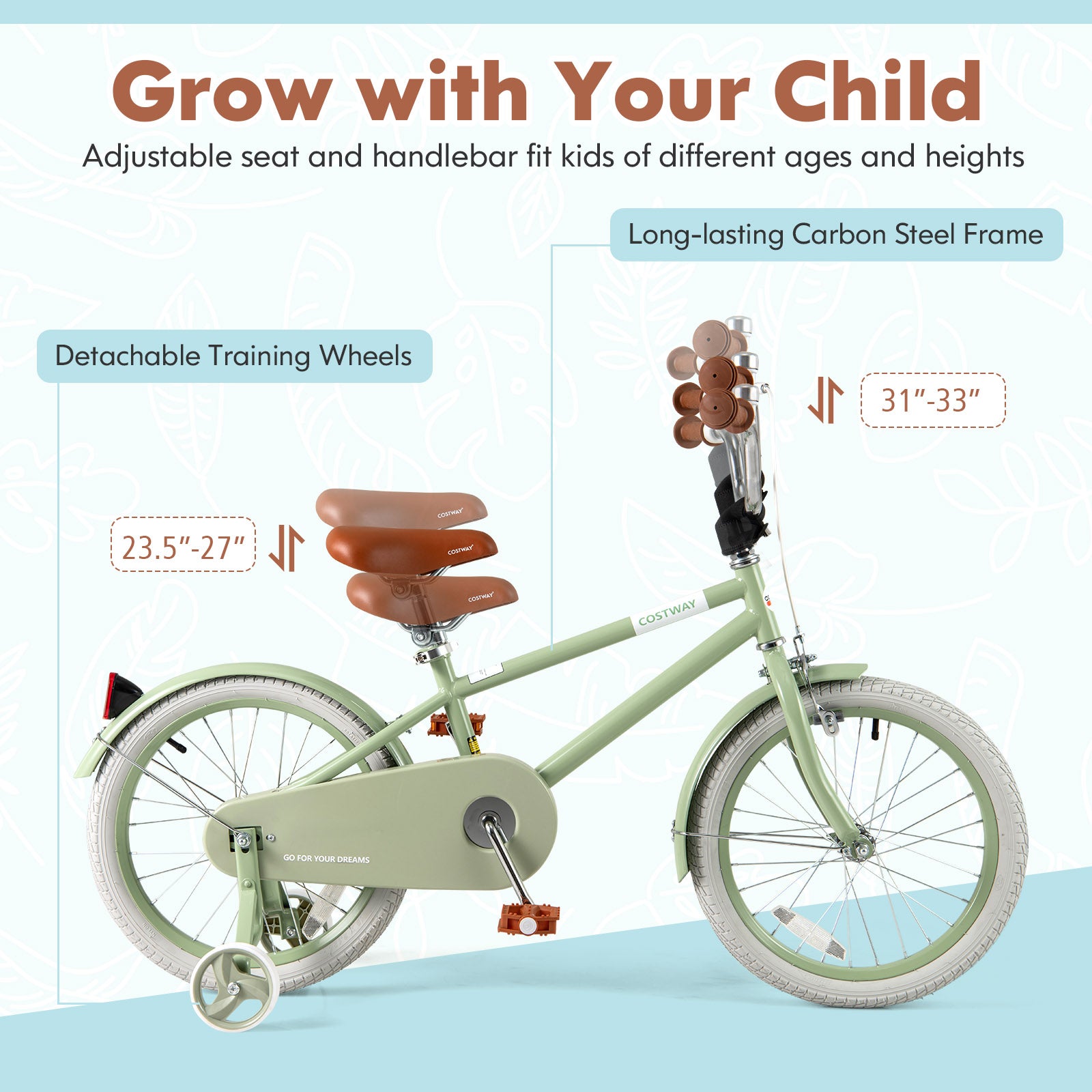 Kids Bike with Adjustable Handlebar and Saddle Green-18 Inches, Green Kids Bike at Gallery Canada