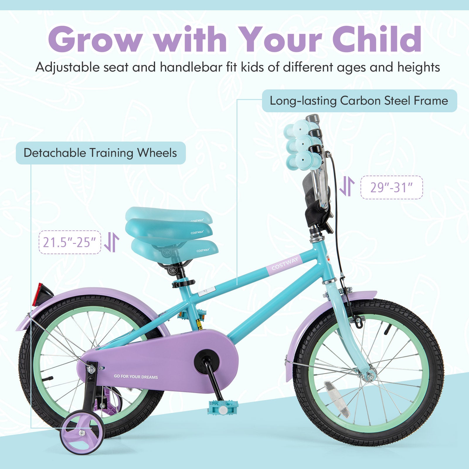 Kids Bike with Adjustable Handlebar and Saddle Purple-16 Inches, Purple Kids Bike at Gallery Canada