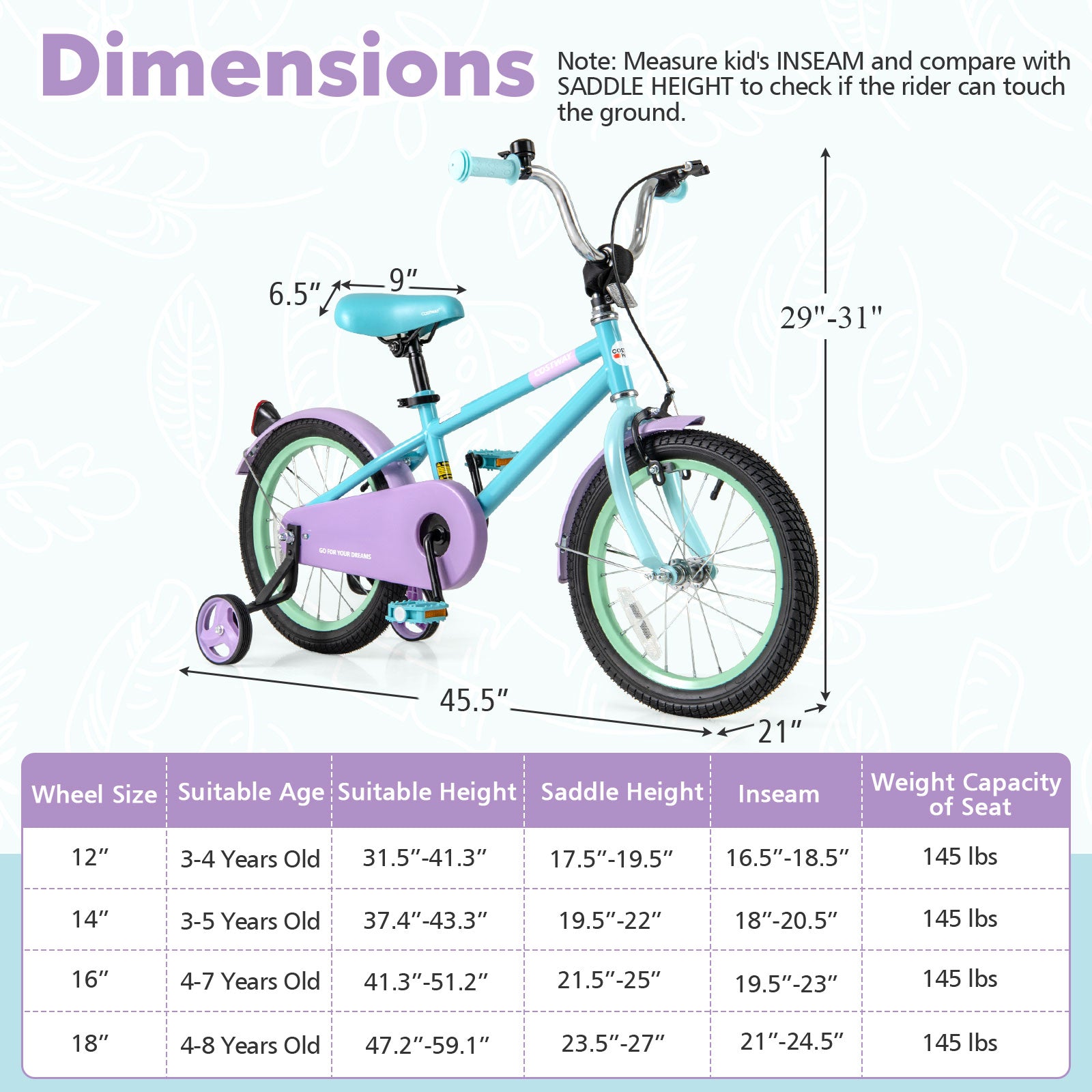 Kids Bike with Adjustable Handlebar and Saddle Purple-16 Inches, Purple Kids Bike at Gallery Canada