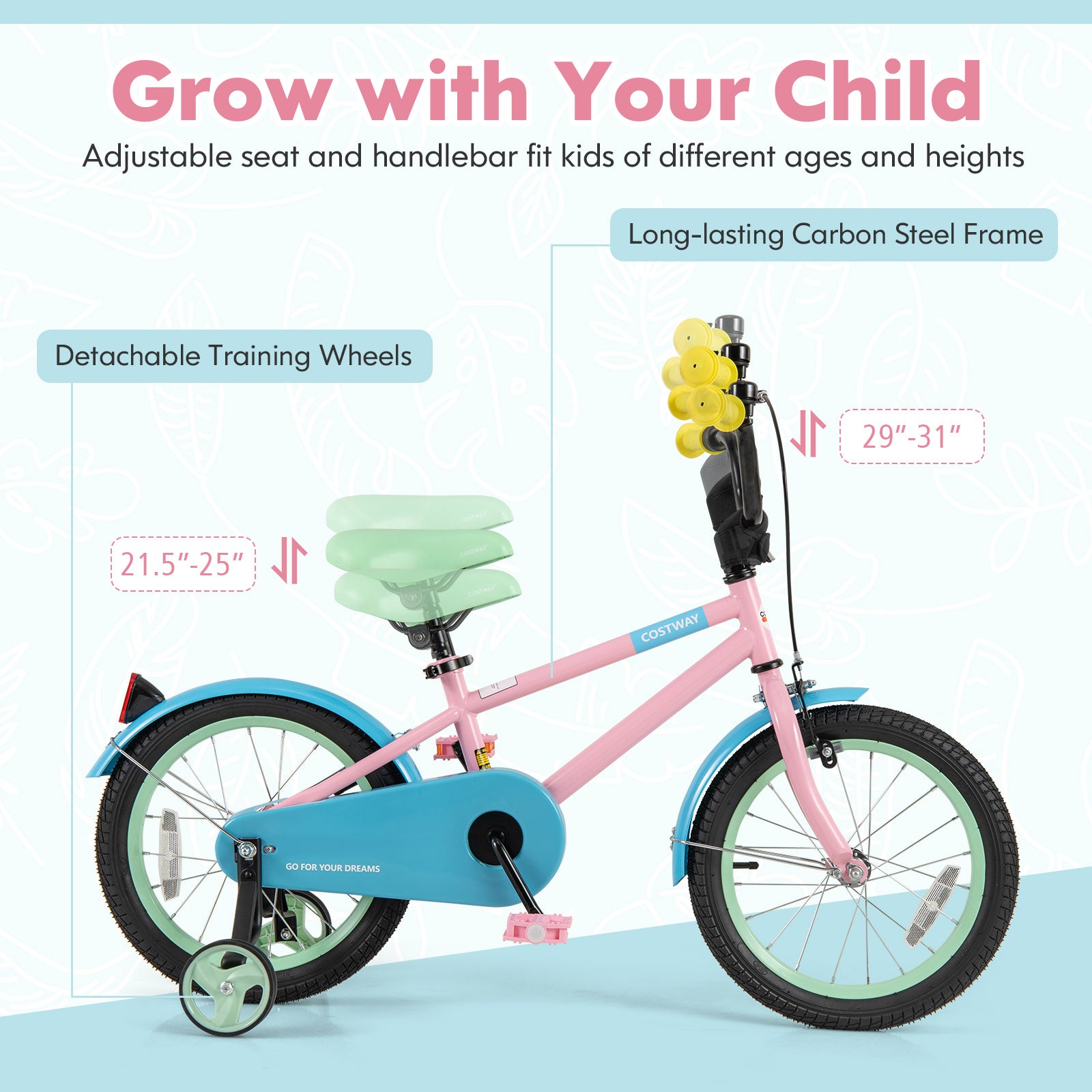 Kids Bike with Adjustable Handlebar and Saddle Pink-16 Inches, Pink Kids Bike at Gallery Canada
