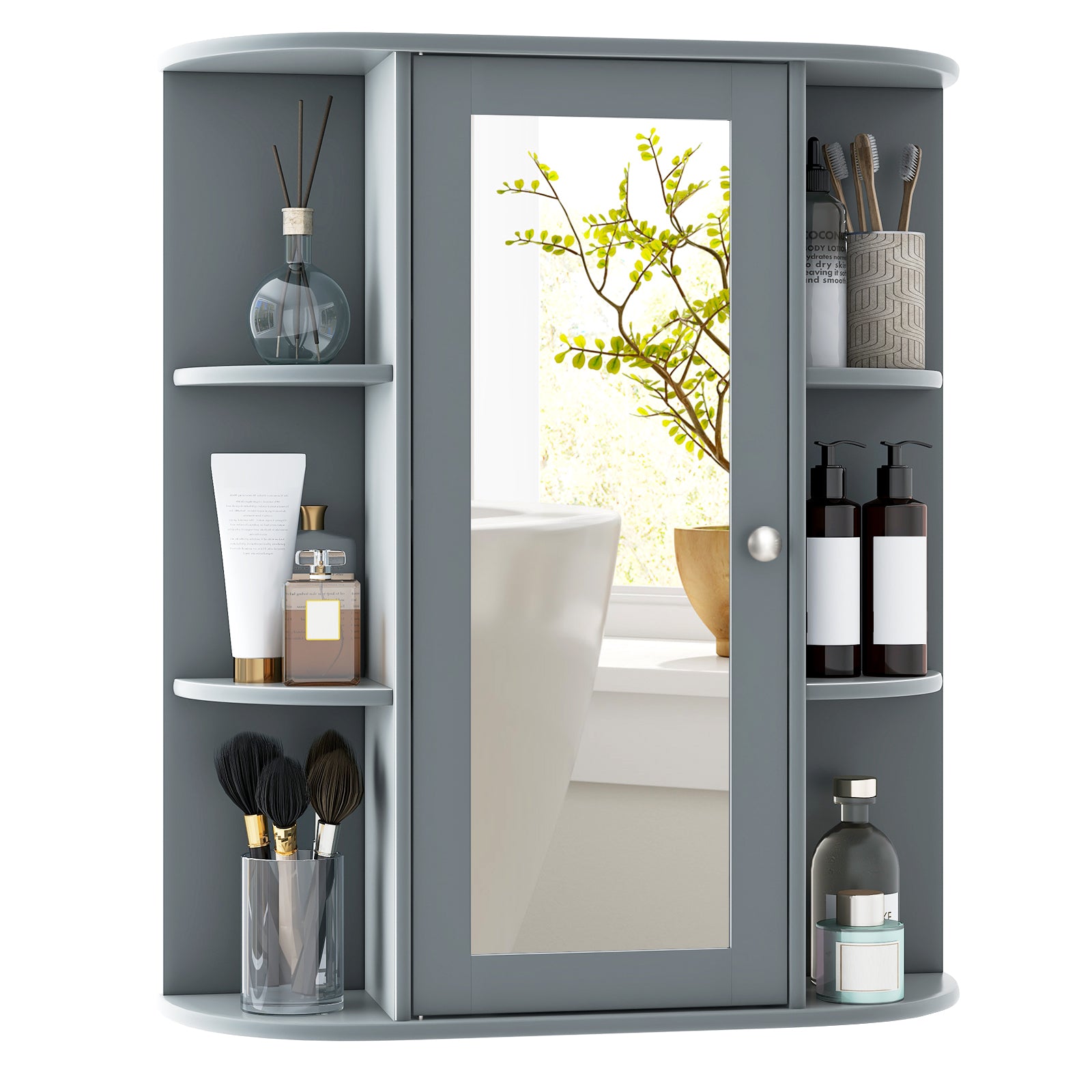 Bathroom Single Door Shelves Wall Mount Cabinet with Mirror, Gray Wall Cabinets at Gallery Canada