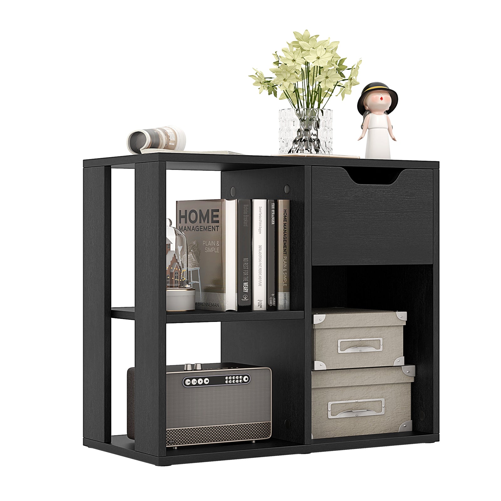 3-Cube Bookcase 2-tier Wooden Storage Shelf with Pull-out Drawer, Black Bookcases Black at Gallery Canada