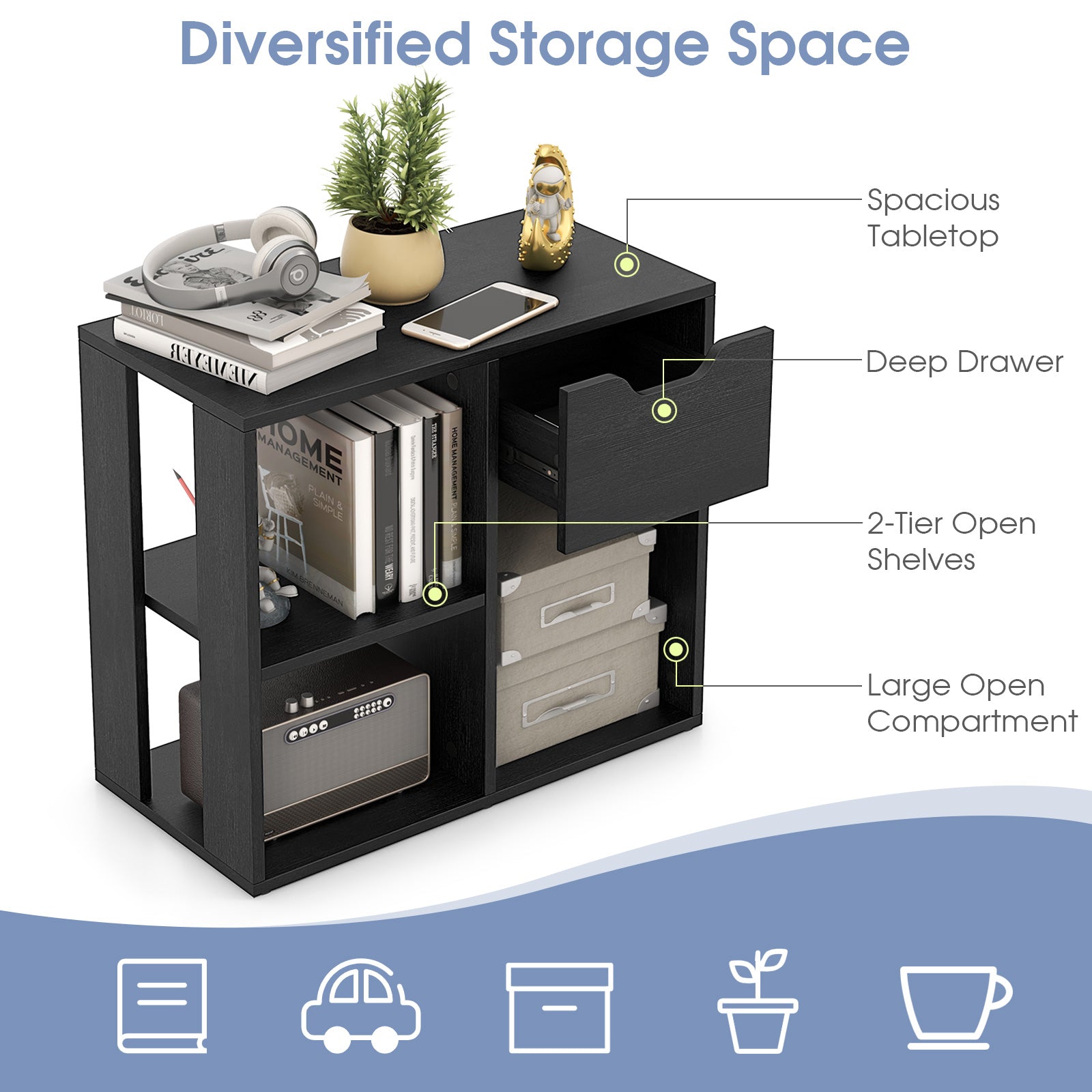 3-Cube Bookcase 2-tier Wooden Storage Shelf with Pull-out Drawer, Black Bookcases at Gallery Canada