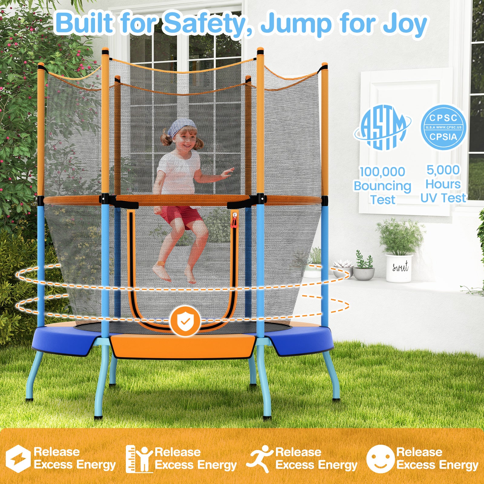 48 Inch Toddler Trampoline with Safety Enclosure Net, Orange Trampolines at Gallery Canada