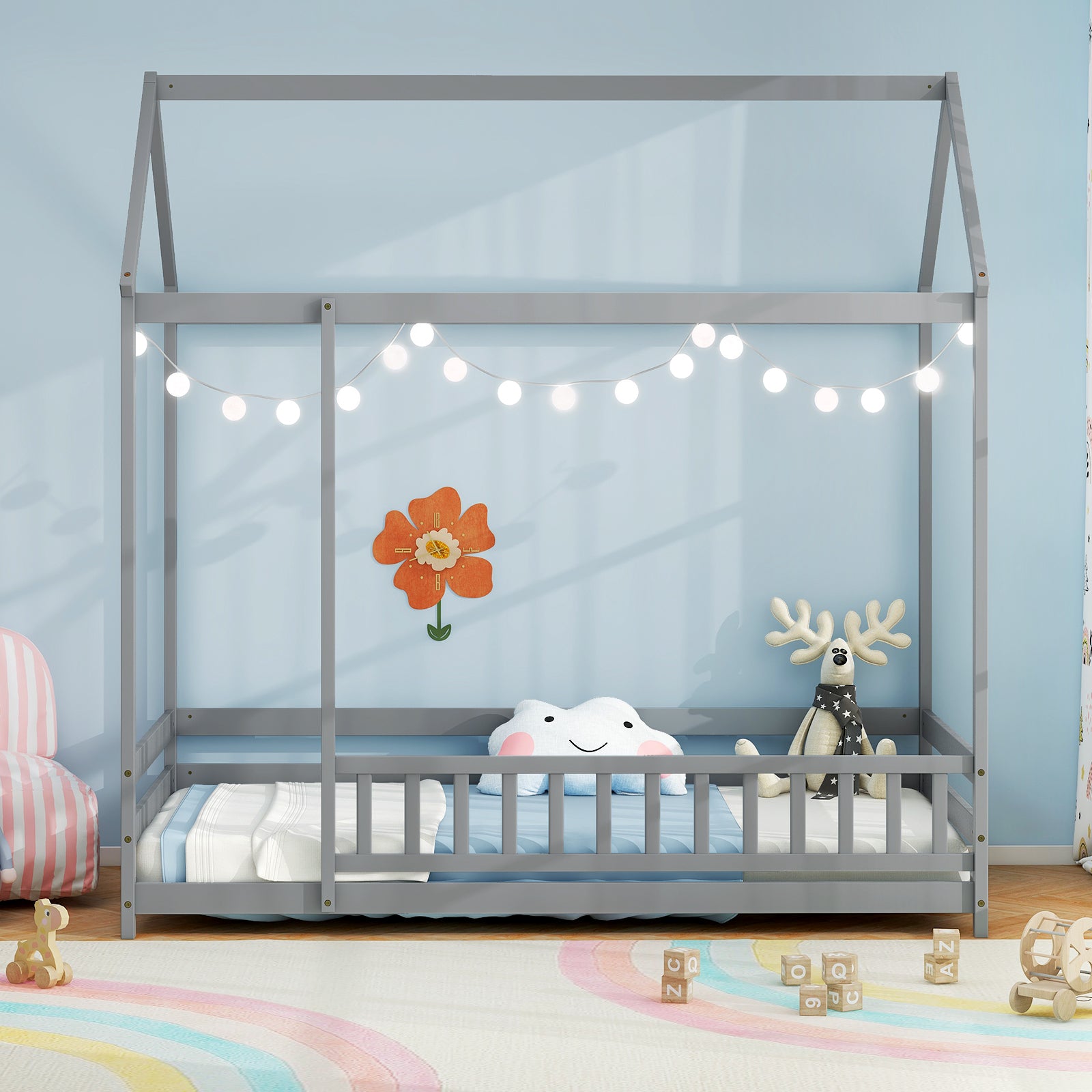 Twin Size Kids House Bed Wooden Floor Bed with Roof and Full-length Safety Guardrail, Gray Toddler Beds at Gallery Canada