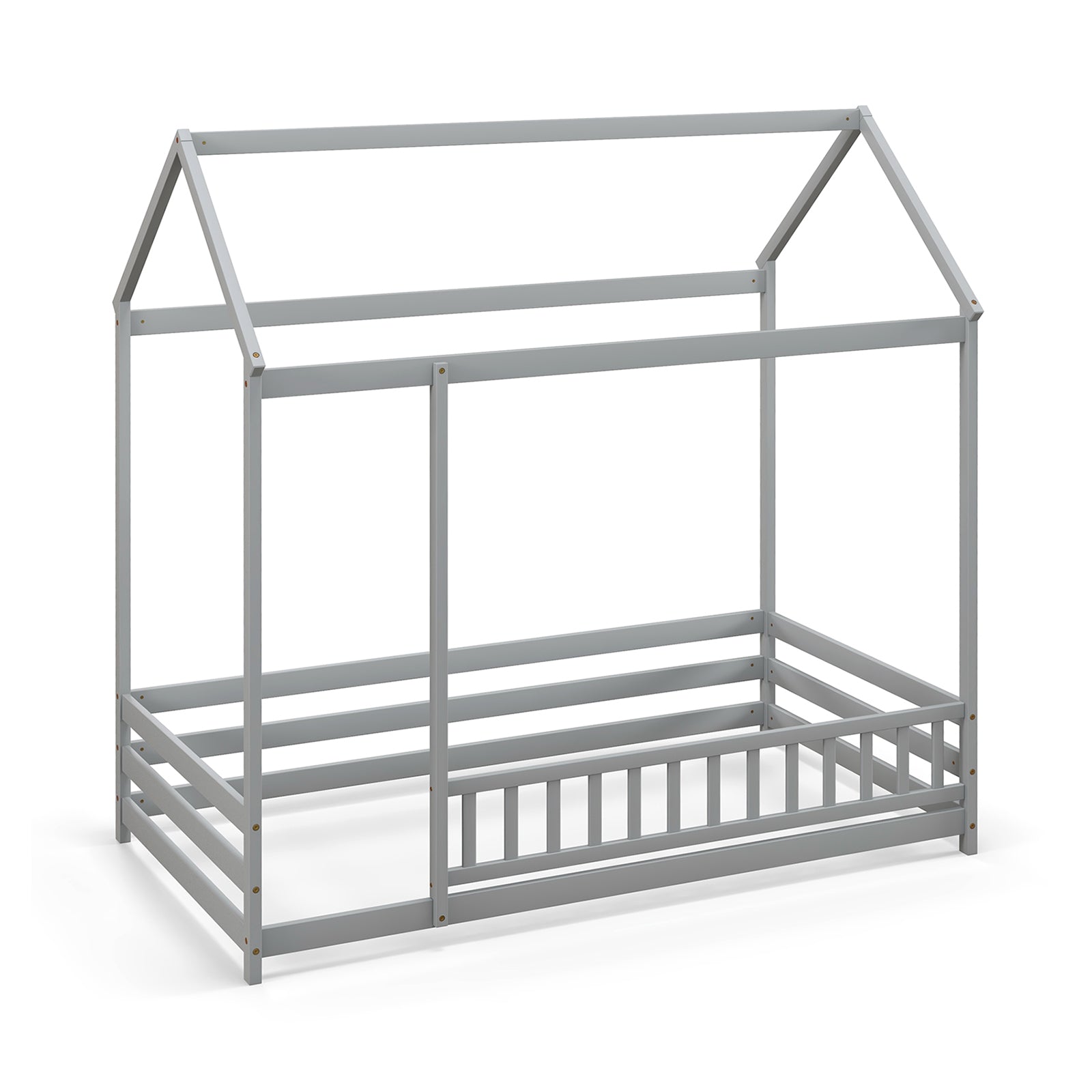 Twin Size Kids House Bed Wooden Floor Bed with Roof and Full-length Safety Guardrail, Gray Toddler Beds at Gallery Canada