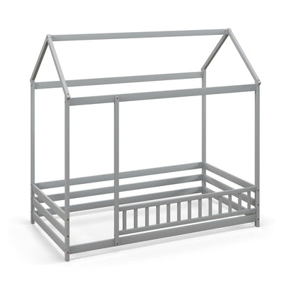 Twin Size Kids House Bed Wooden Floor Bed with Roof and Full-length Safety Guardrail, Gray Toddler Beds at Gallery Canada