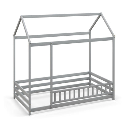 Lit Maison Enfant Taille Jumeau, Lit de Plancher en Bois, Gris