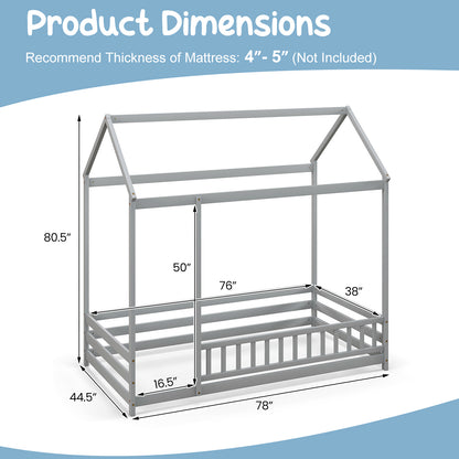 Twin Size Kids House Bed Wooden Floor Bed with Roof and Full-length Safety Guardrail, Gray Toddler Beds at Gallery Canada