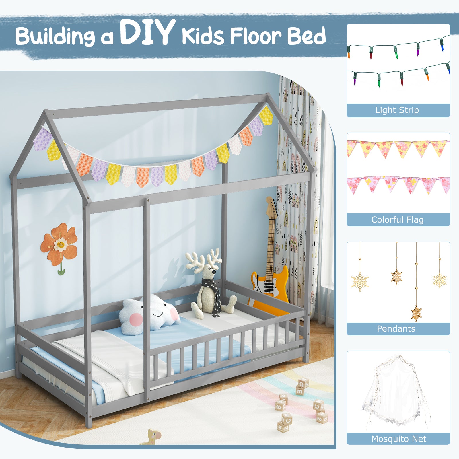 Twin Size Kids House Bed Wooden Floor Bed with Roof and Full-length Safety Guardrail, Gray Toddler Beds at Gallery Canada