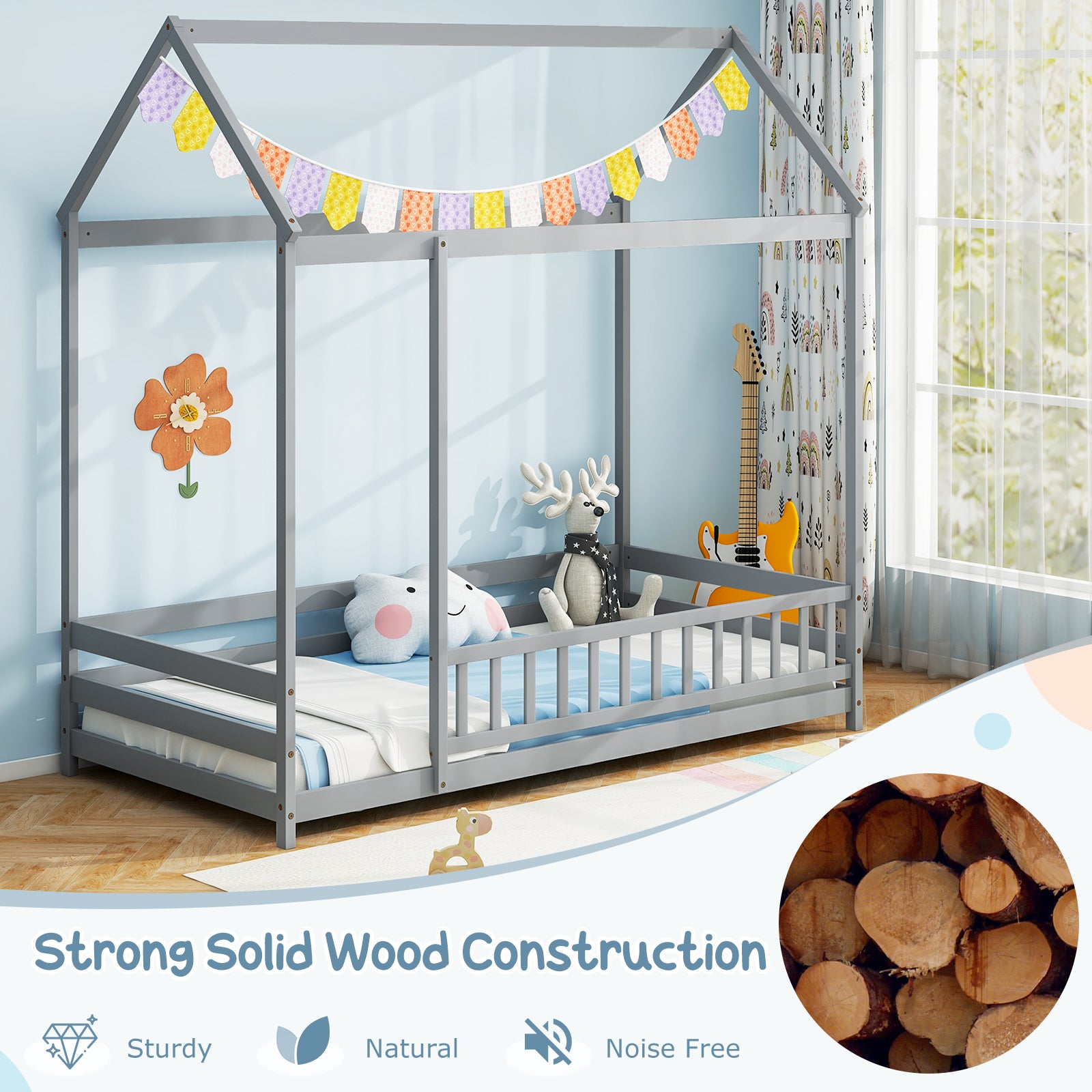 Twin Size Kids House Bed Wooden Floor Bed with Roof and Full-length Safety Guardrail, Gray Toddler Beds at Gallery Canada