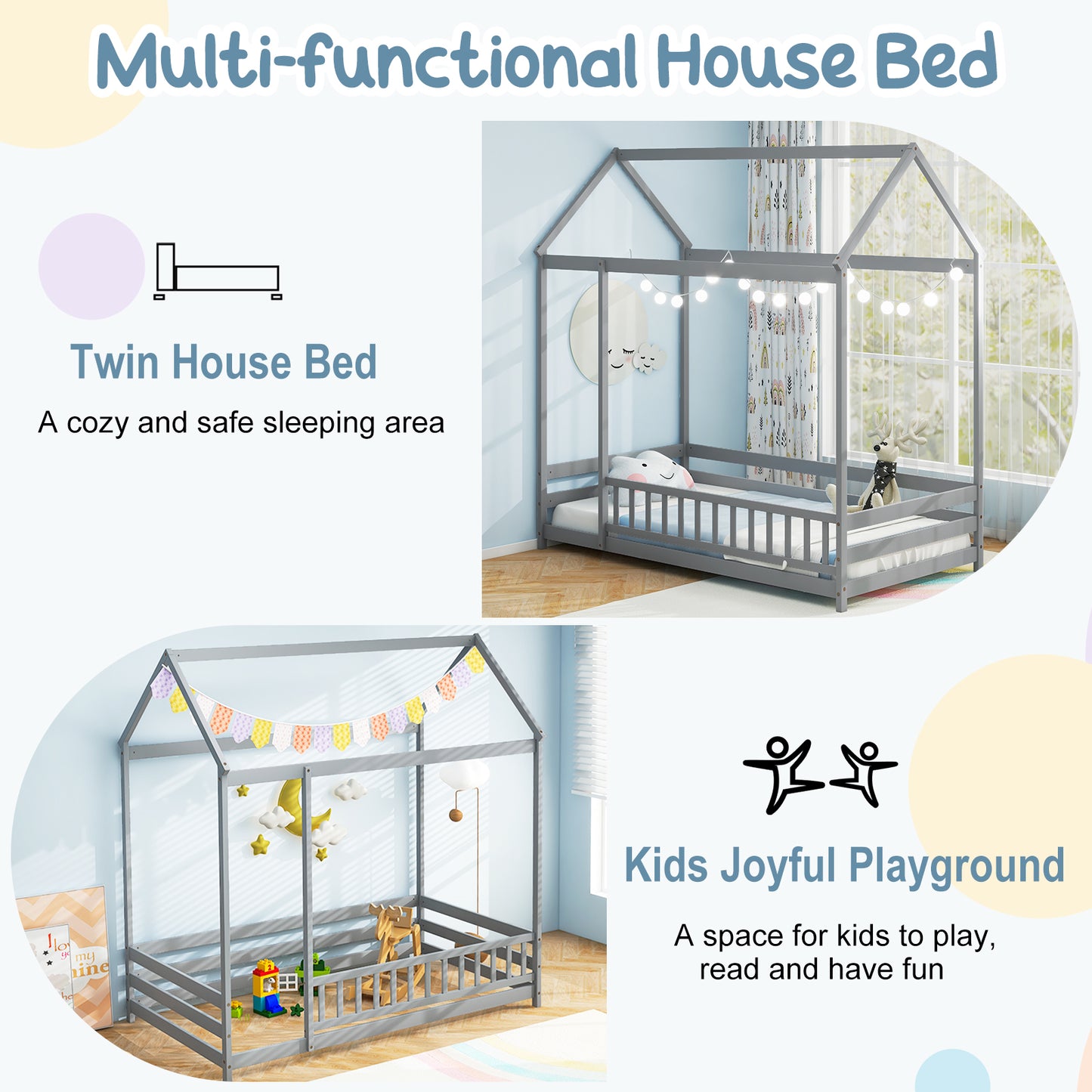 Twin Size Kids House Bed Wooden Floor Bed with Roof and Full-length Safety Guardrail, Gray Toddler Beds at Gallery Canada