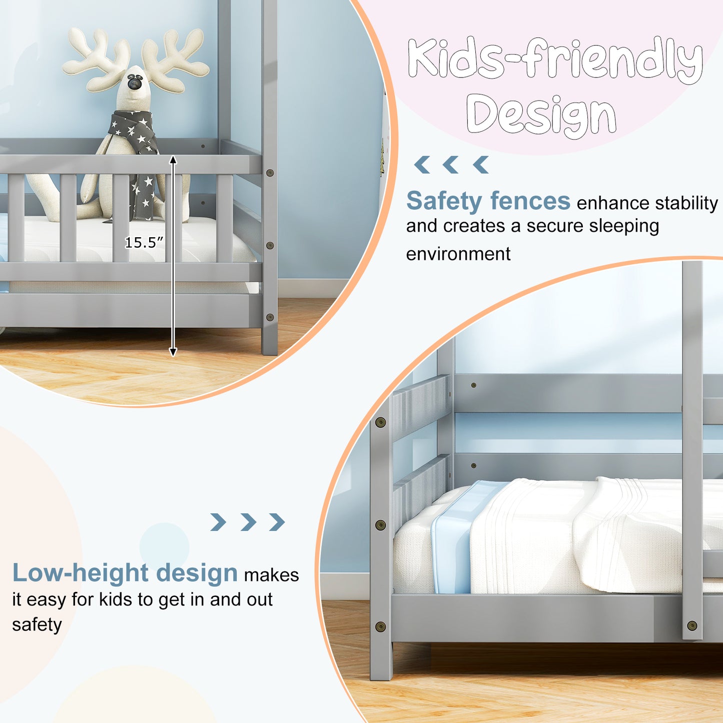 Twin Size Kids House Bed Wooden Floor Bed with Roof and Full-length Safety Guardrail, Gray Toddler Beds at Gallery Canada