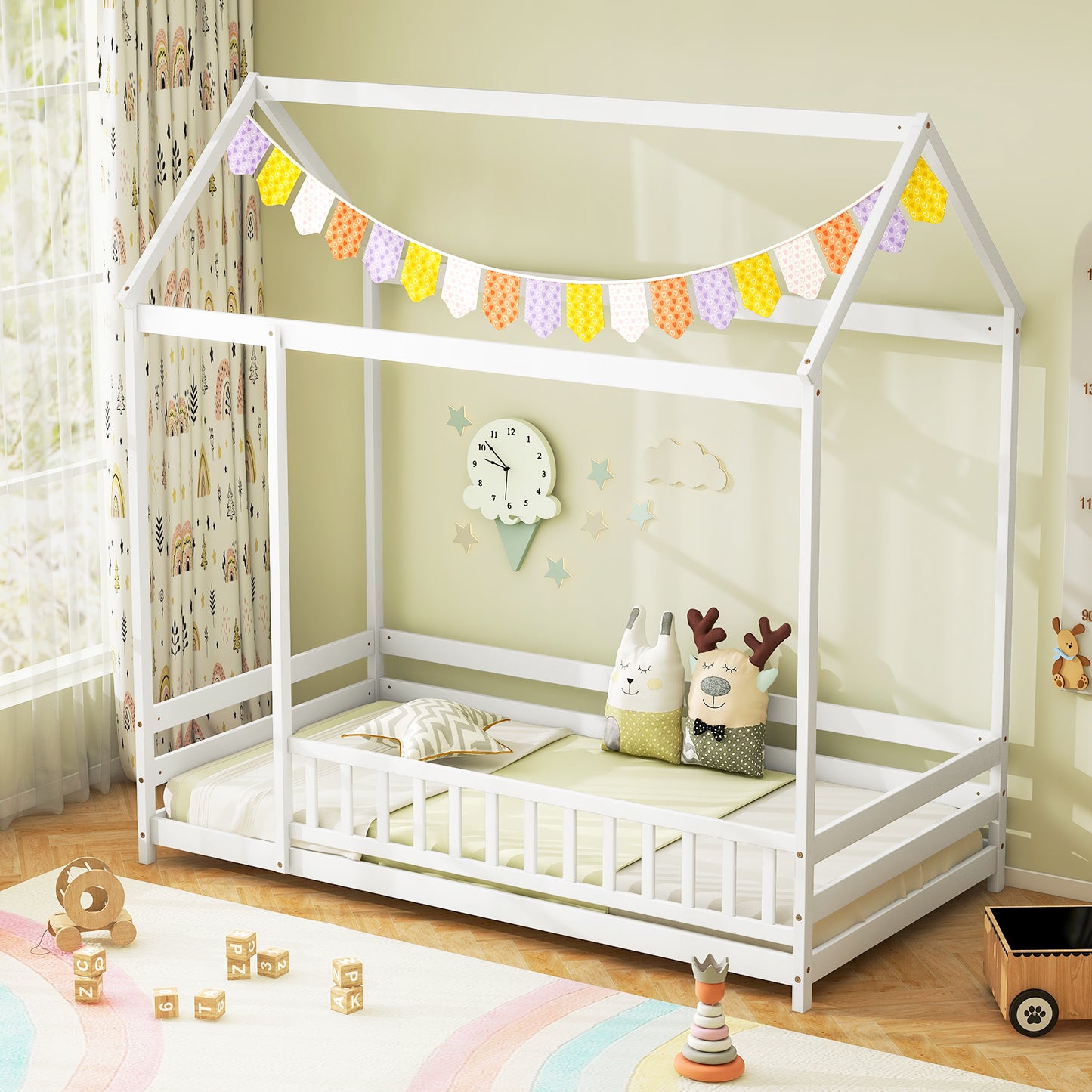 Twin Size Kids House Bed Wooden Floor Bed with Roof and Full-length Safety Guardrail, White Toddler Beds at Gallery Canada