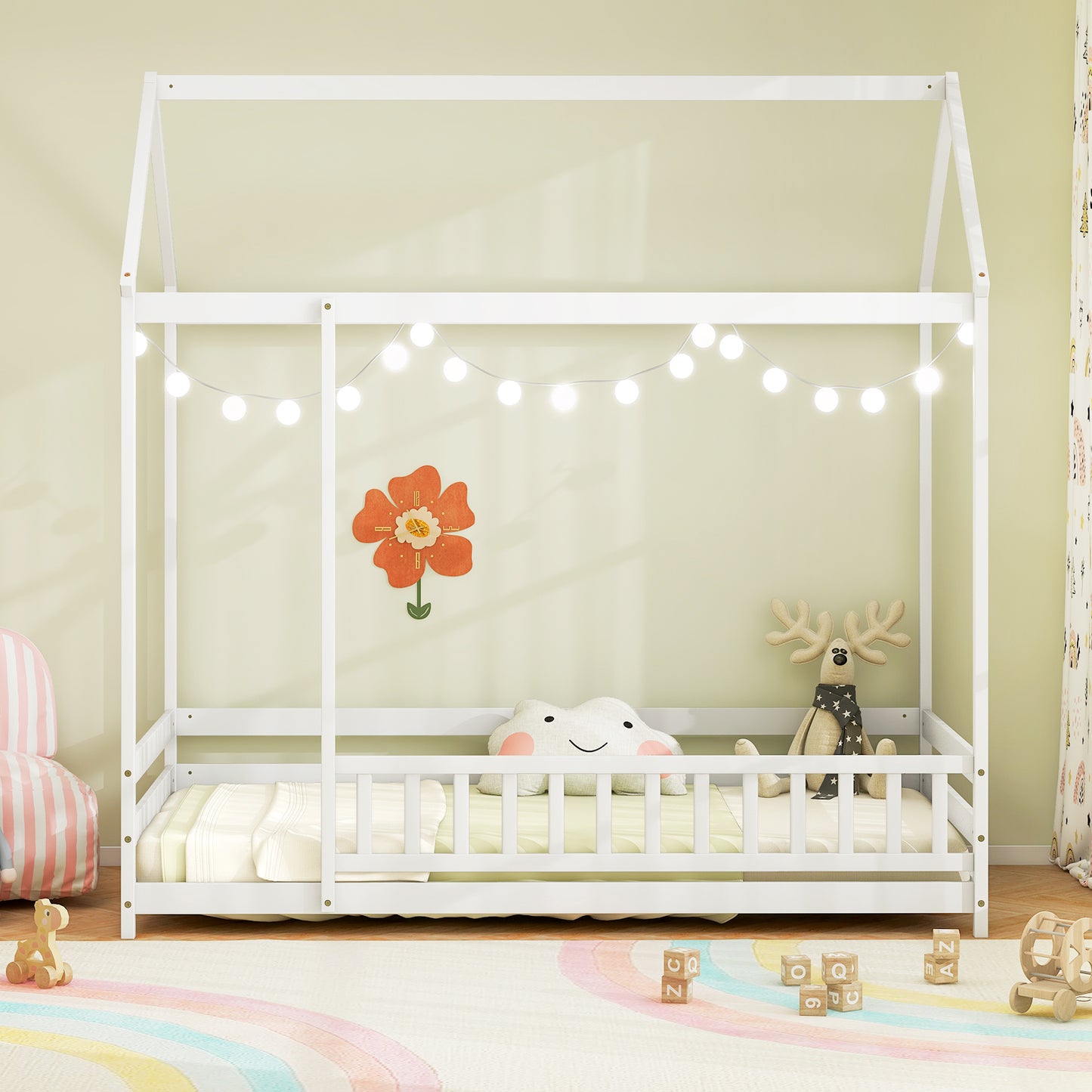 Twin Size Kids House Bed Wooden Floor Bed with Roof and Full-length Safety Guardrail, White Toddler Beds at Gallery Canada