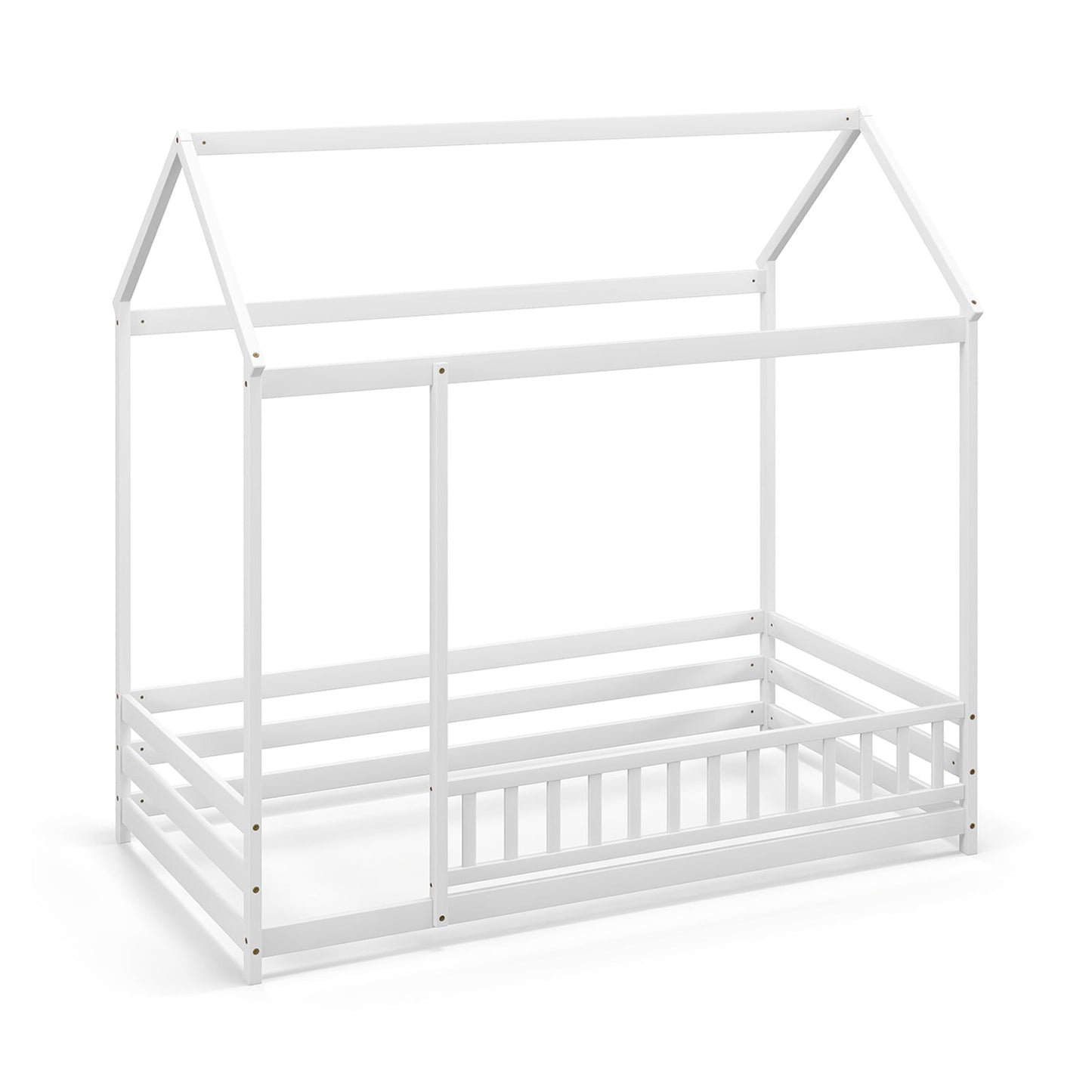 Lit en bois de taille jumelle avec plancher et toit, garde-corps de sécurité pleine longueur, blanc