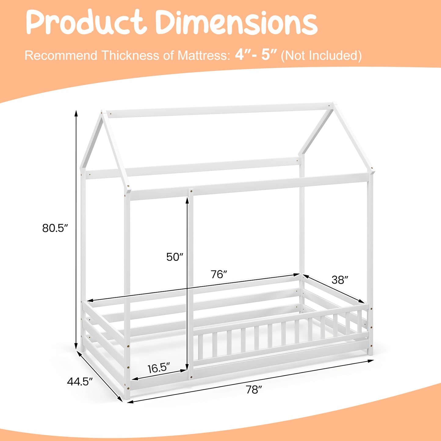 Twin Size Kids House Bed Wooden Floor Bed with Roof and Full-length Safety Guardrail, White Toddler Beds at Gallery Canada