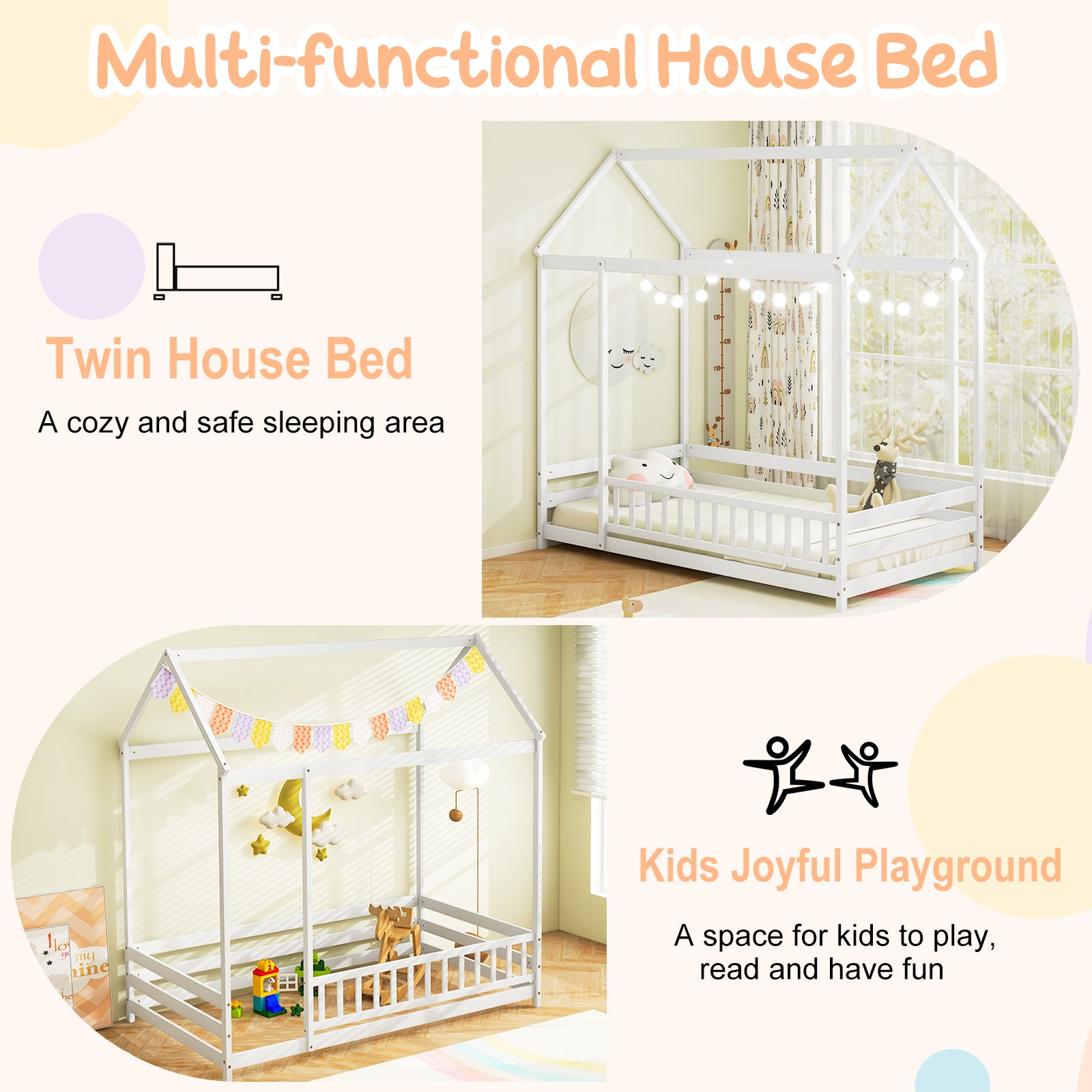 Twin Size Kids House Bed Wooden Floor Bed with Roof and Full-length Safety Guardrail, White Toddler Beds at Gallery Canada