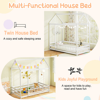Twin Size Kids House Bed Wooden Floor Bed with Roof and Full-length Safety Guardrail, White Toddler Beds at Gallery Canada