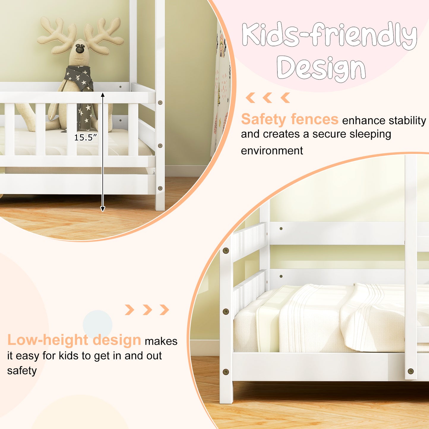 Twin Size Kids House Bed Wooden Floor Bed with Roof and Full-length Safety Guardrail, White Toddler Beds at Gallery Canada