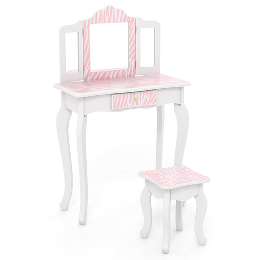 Ensemble de Coiffeuse pour Enfants avec Tiroir, 3 Accessoires de Maquillage, Rose