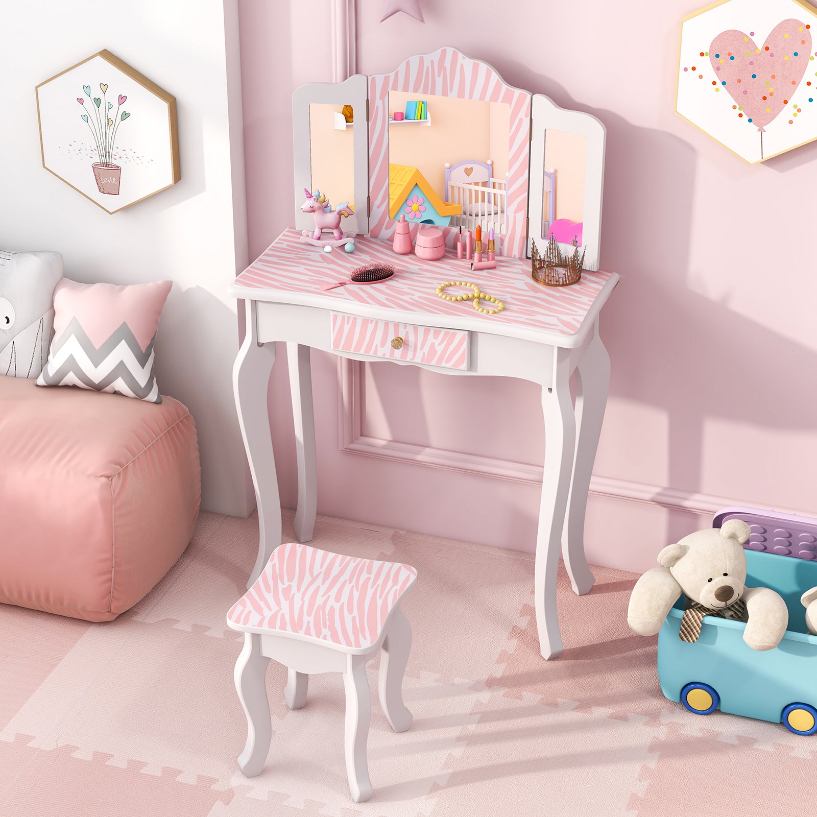 Kids Vanity Set with Drawer and 3 Makeup Accessories, Pink Kids Vanities at Gallery Canada