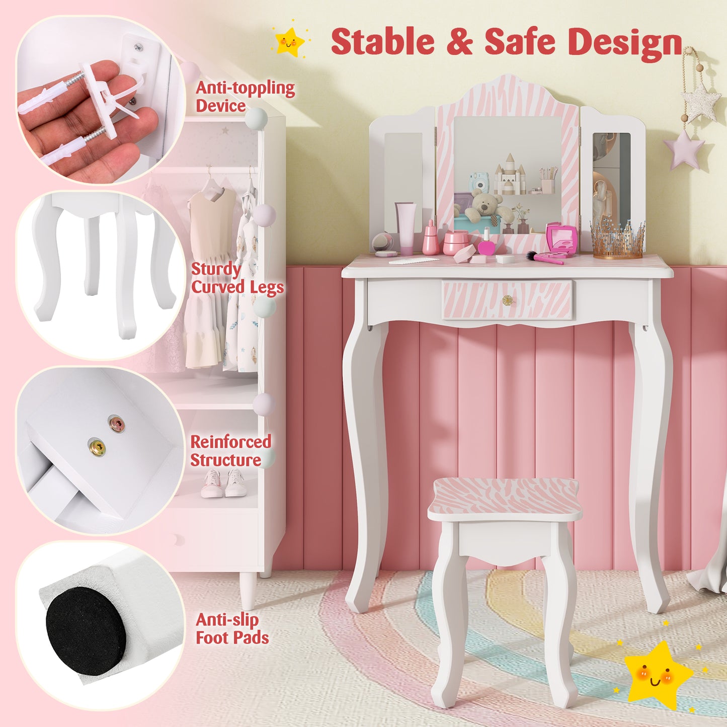 Kids Vanity Set with Drawer and 3 Makeup Accessories, Pink Kids Vanities at Gallery Canada