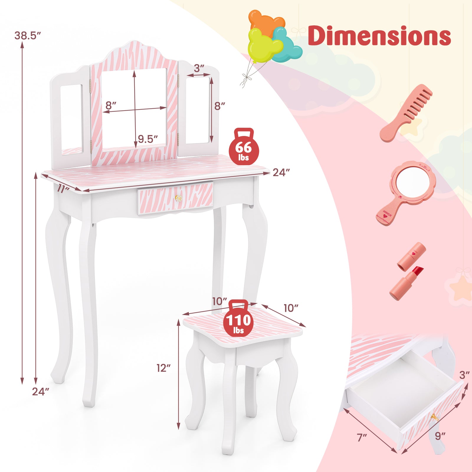 Kids Vanity Set with Drawer and 3 Makeup Accessories, Pink Kids Vanities at Gallery Canada