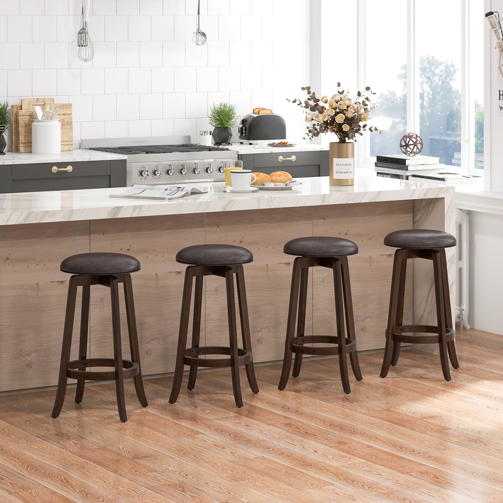 Set of 2 24/29 Inch Upholstered PU Leather Bar Stool with 360° Swivel Round Seat-29 inches Bar Stools at Gallery Canada