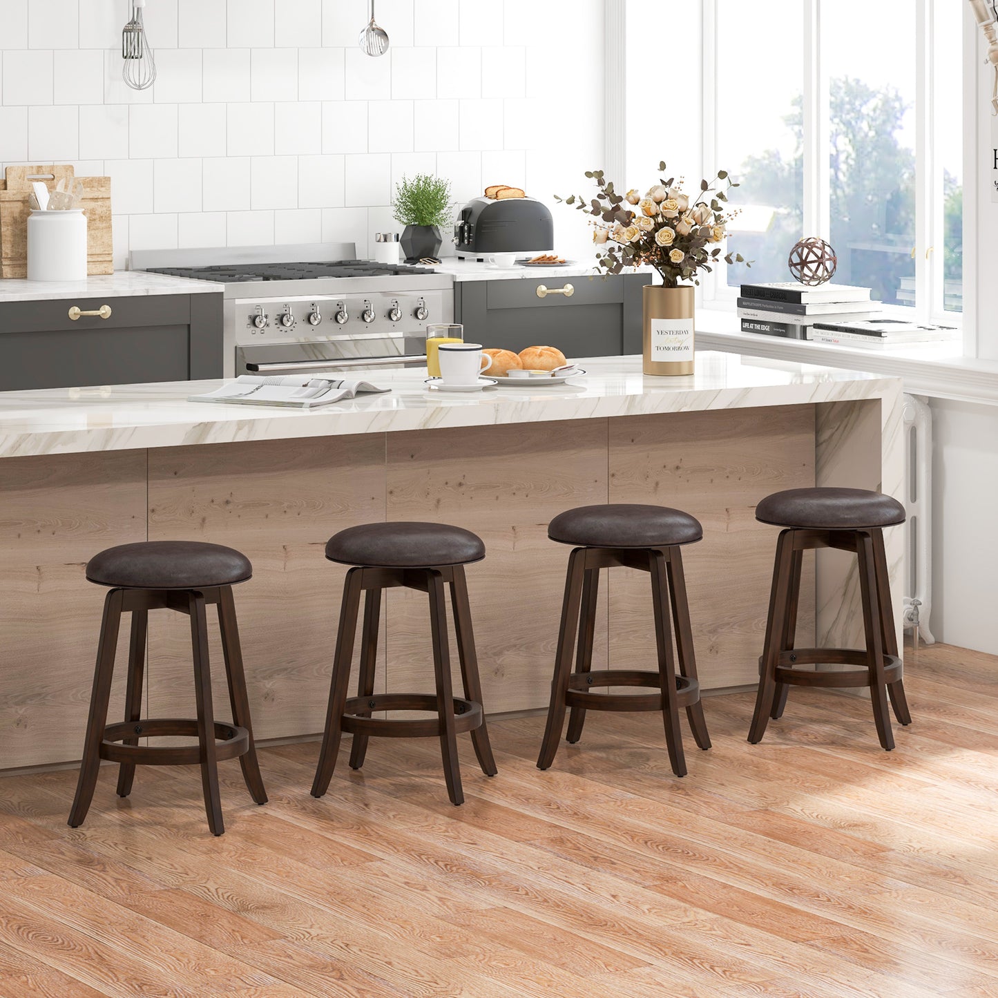 Set of 2 24/29 Inch Upholstered PU Leather Bar Stool with 360° Swivel Round Seat-24 Inch Bar Stools at Gallery Canada