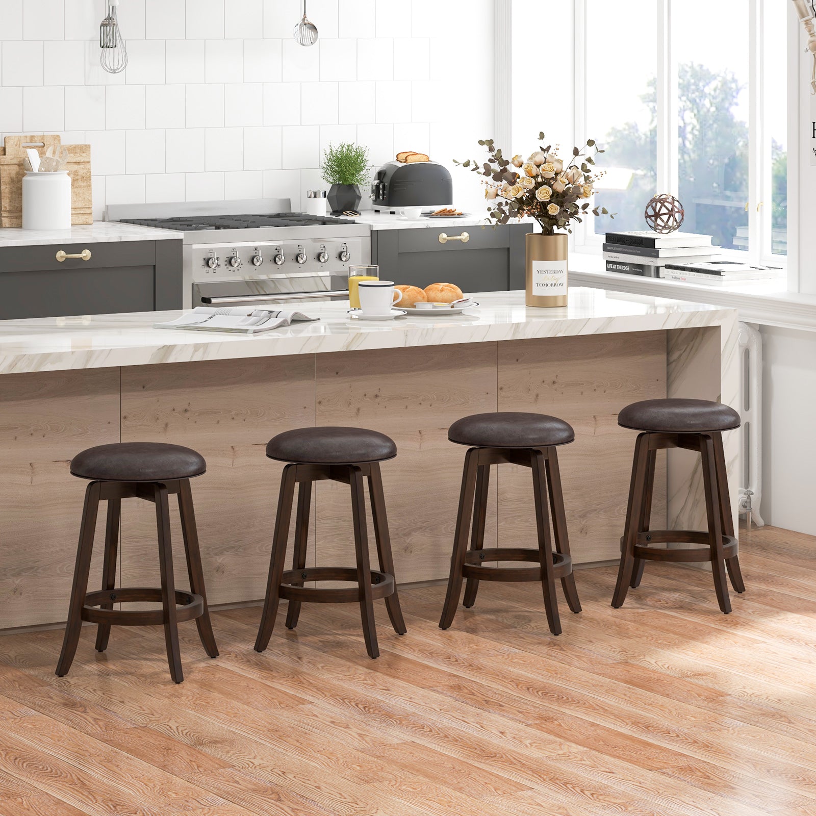 Set of 2 24/29 Inch Upholstered PU Leather Bar Stool with 360° Swivel Round Seat-24 Inch Bar Stools at Gallery Canada