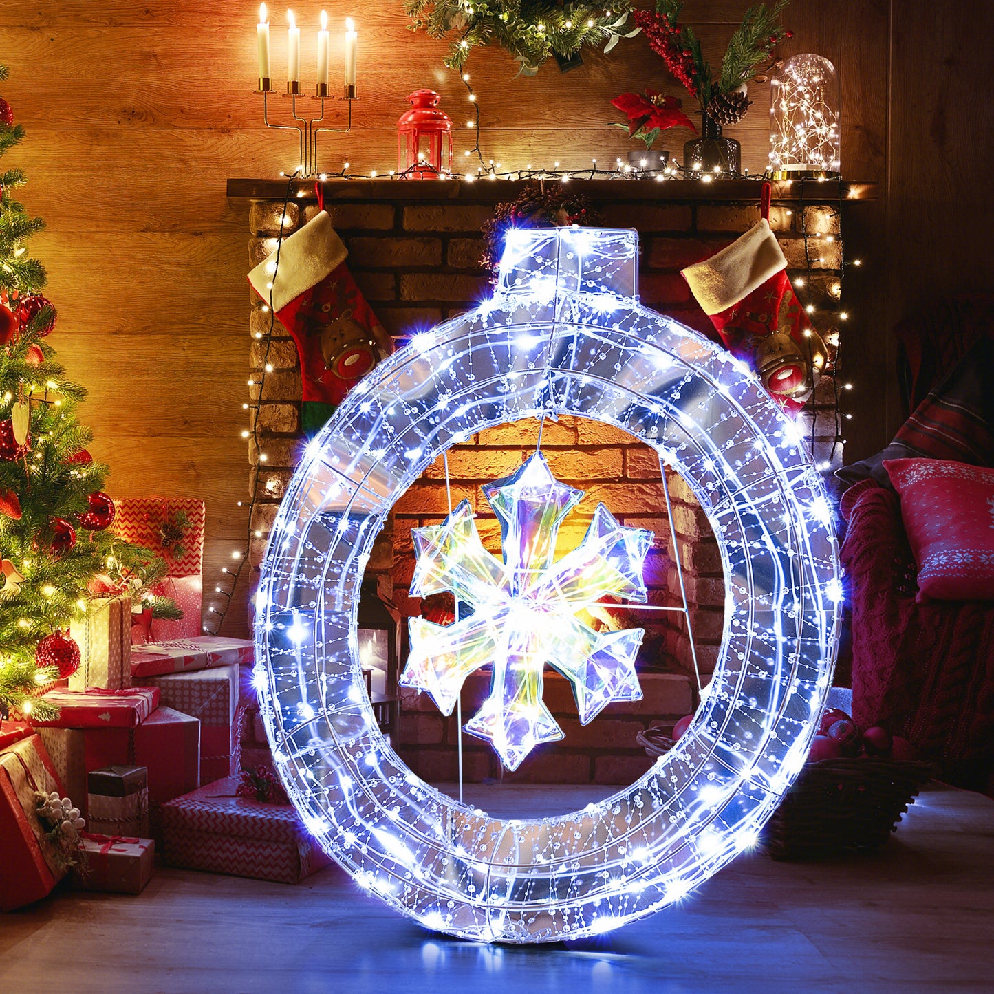 33 Inch Lighted Snowflake Wreath, Hanging Ring, Support Bracket Christmas at Gallery Canada