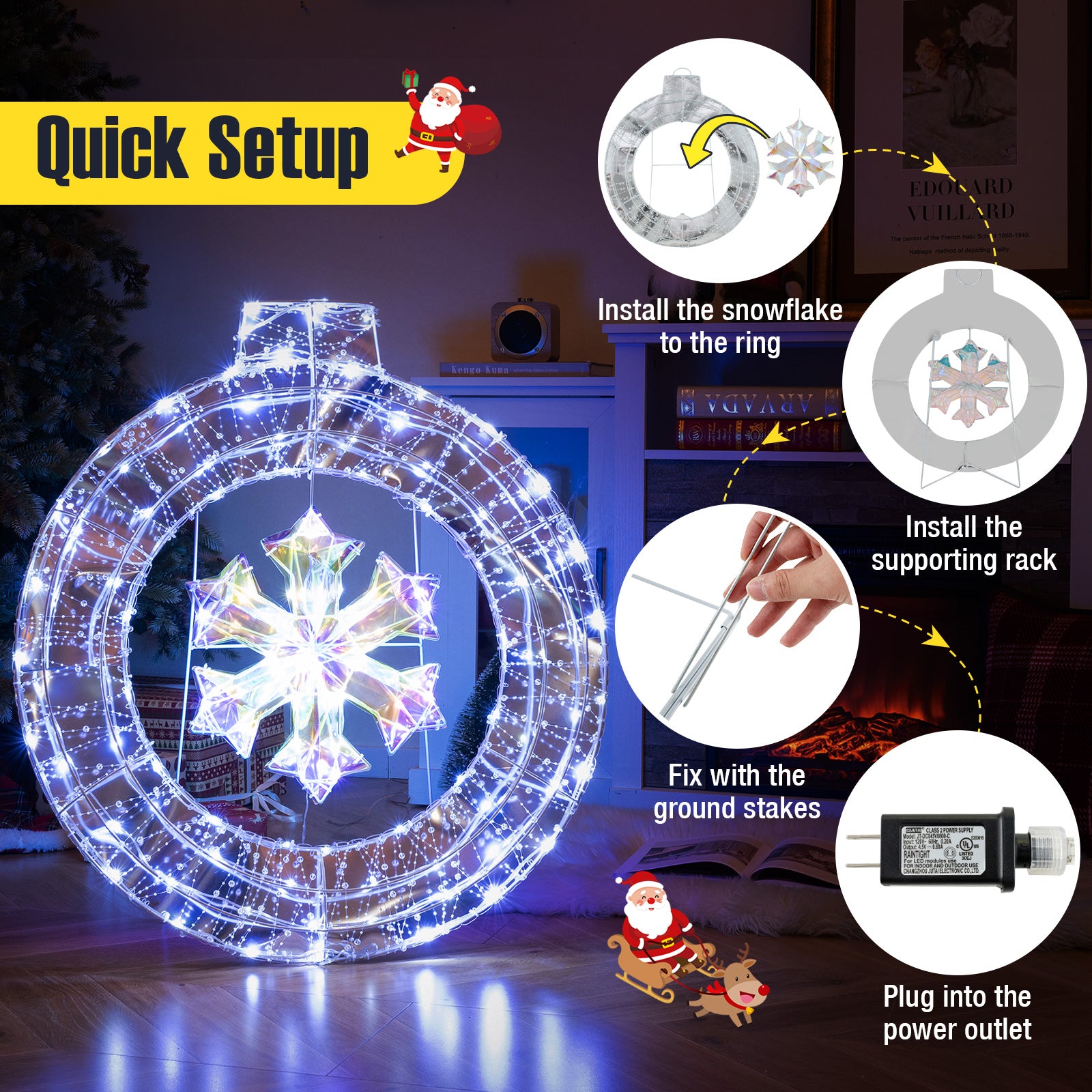 33 Inch Lighted Snowflake Wreath, Hanging Ring, Support Bracket Christmas at Gallery Canada