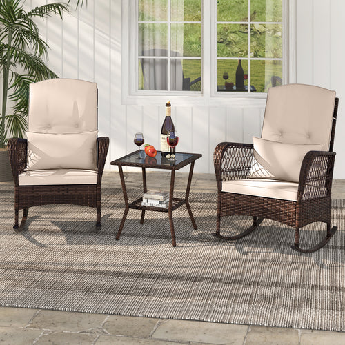 3-Piece Rocking Bistro Set, 2-Tier Coffee Table, Brown