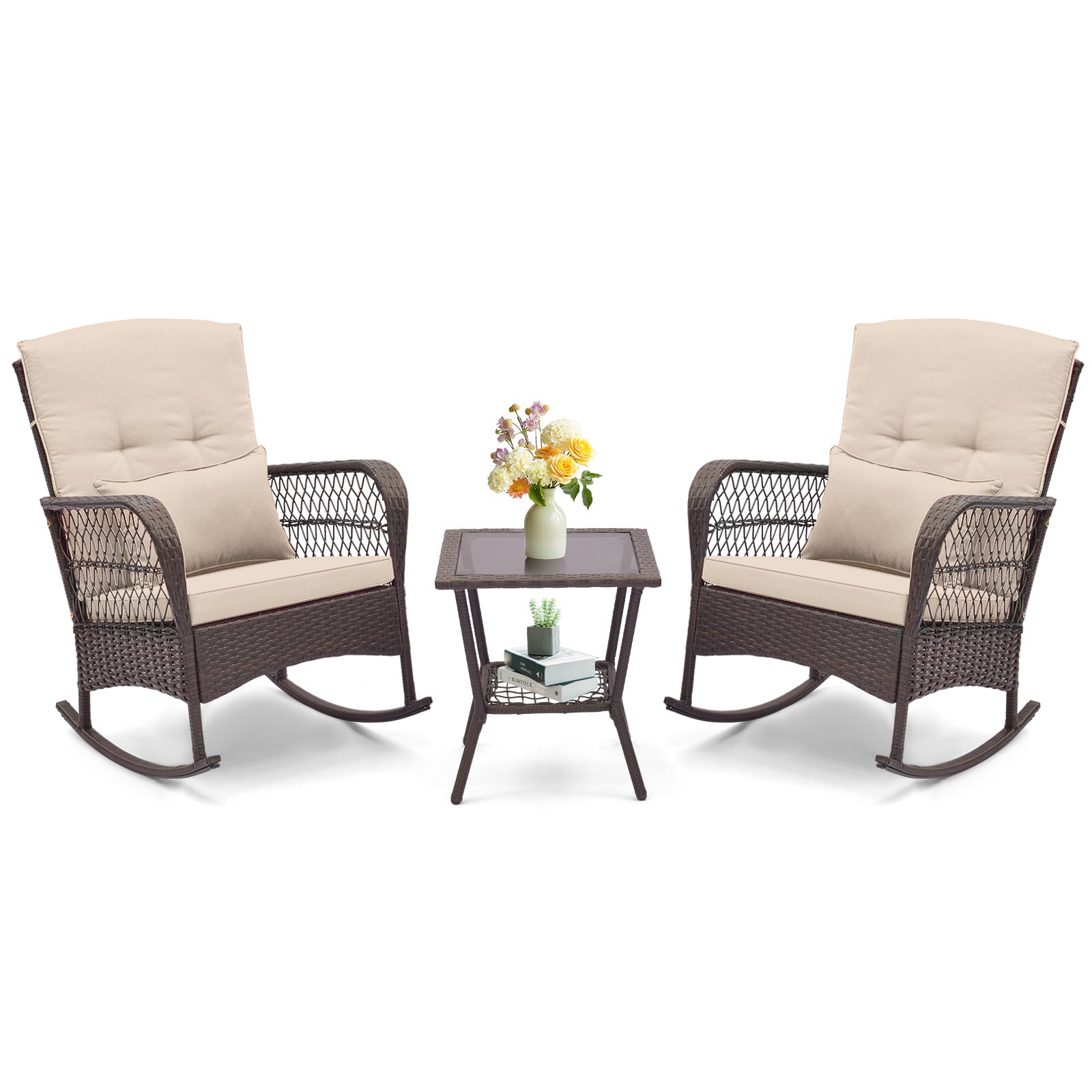 3-Piece Rocking Bistro Set, 2-Tier Coffee Table, Brown Patio Conversation Sets Brown at Gallery Canada