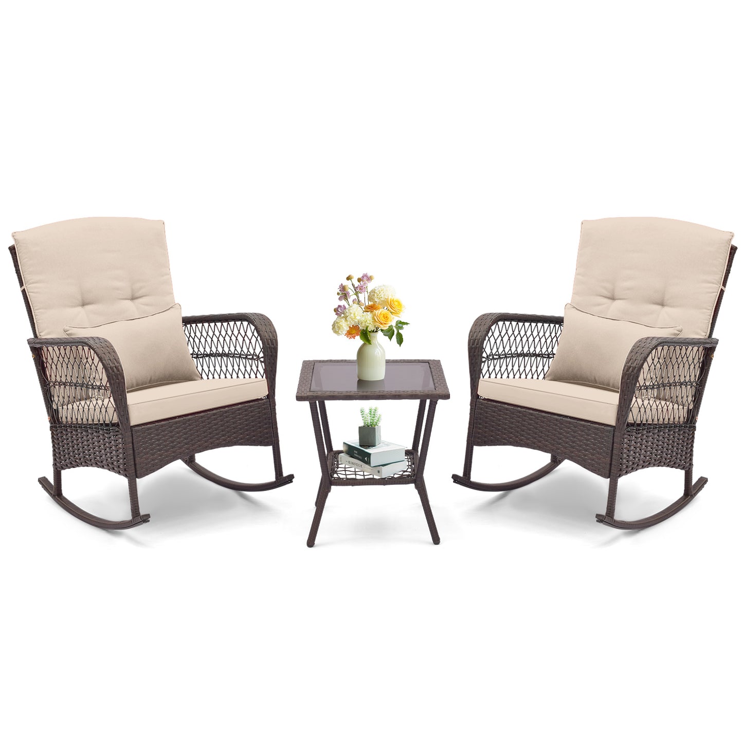 3-Piece Rocking Bistro Set, 2-Tier Coffee Table, Brown Patio Conversation Sets Brown at Gallery Canada