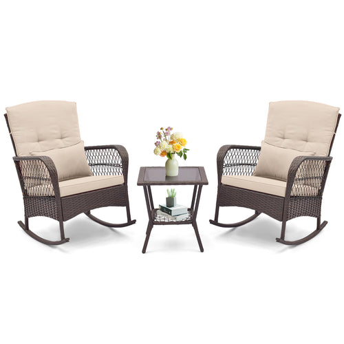 3-Piece Rocking Bistro Set, 2-Tier Coffee Table, Brown