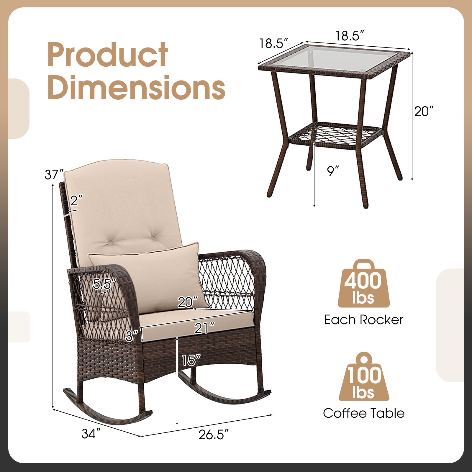 3-Piece Rocking Bistro Set, 2-Tier Coffee Table, Brown Patio Conversation Sets at Gallery Canada