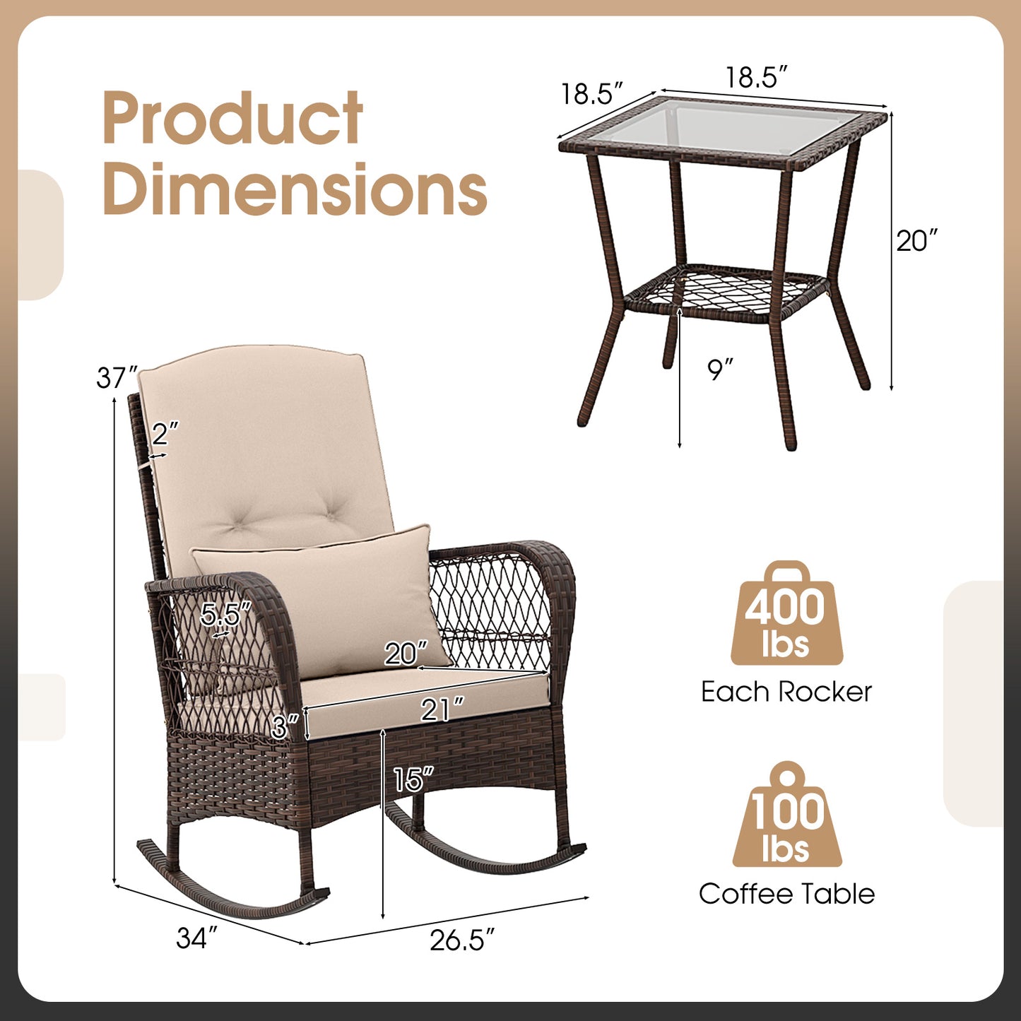 3-Piece Rocking Bistro Set, 2-Tier Coffee Table, Brown Patio Conversation Sets at Gallery Canada