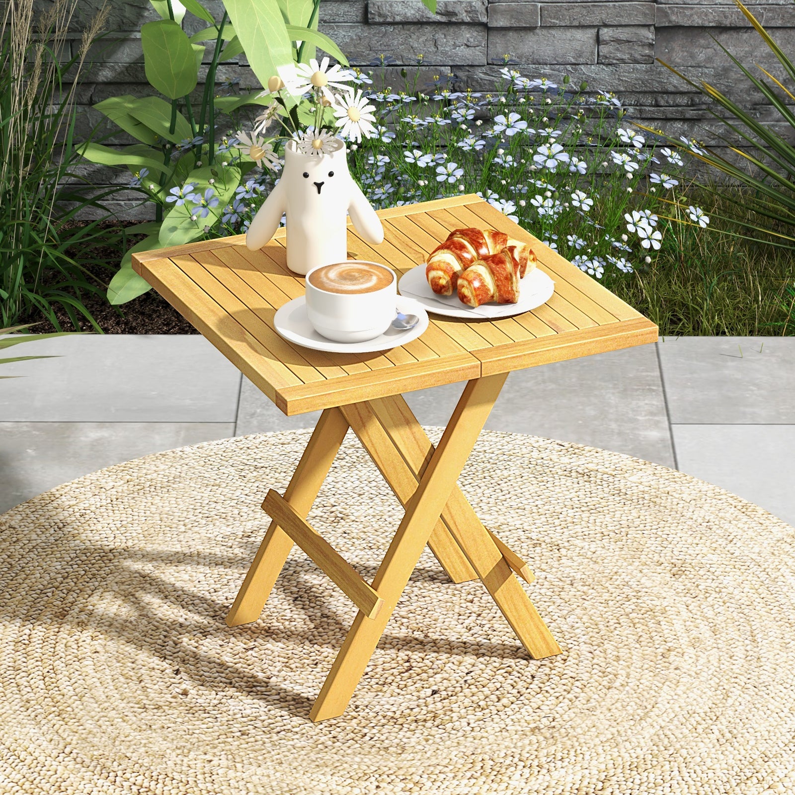 Patio Folding Side Table with X-shaped Legs and Slatted Tabletop, Natural Patio Coffee Tables at Gallery Canada