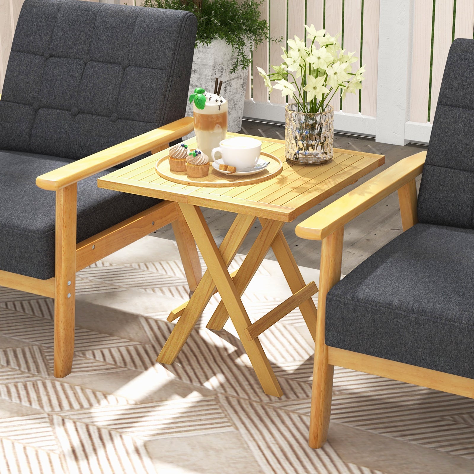 Patio Folding Side Table with X-shaped Legs and Slatted Tabletop, Natural Patio Coffee Tables at Gallery Canada