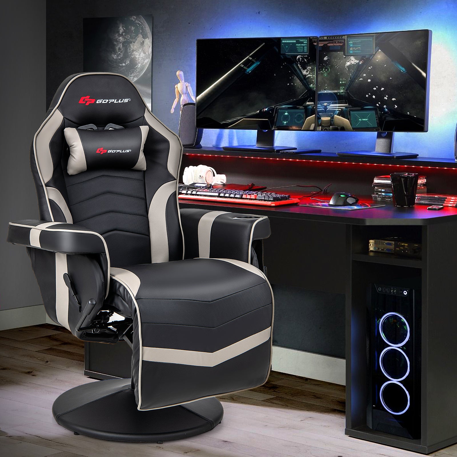 Massage Video Gaming Recliner Chair with Adjustable Height, Gray Gaming Chairs at Gallery Canada