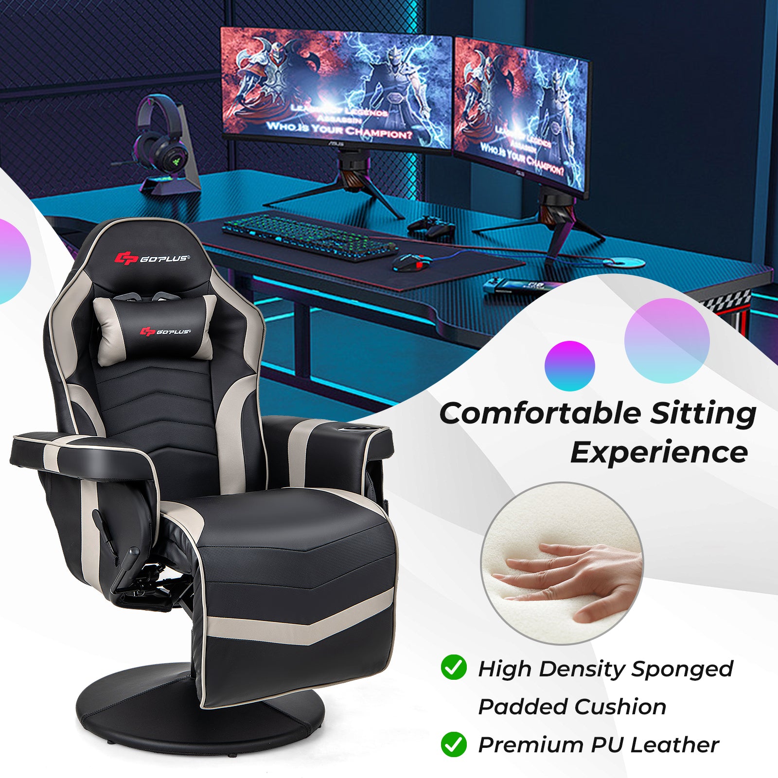 Massage Video Gaming Recliner Chair with Adjustable Height, Gray Gaming Chairs at Gallery Canada